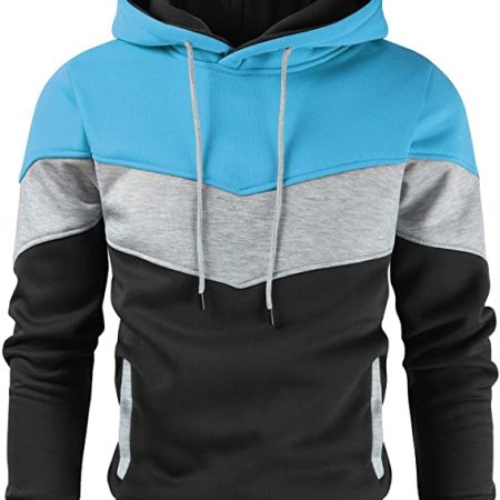 Men's Novelty Color Block Pullover Fleece Hoodie Long Sleeve Casual Sweatshirt with Pocket Blue Black