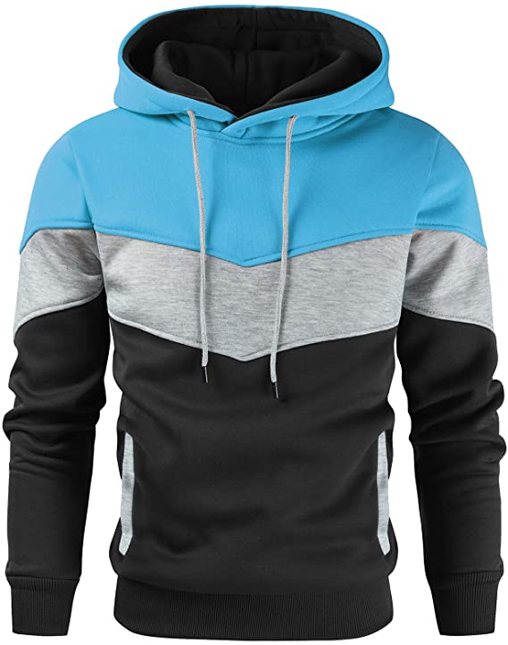 Men's Novelty Color Block Pullover Fleece Hoodie Long Sleeve Casual Sweatshirt with Pocket Blue Black