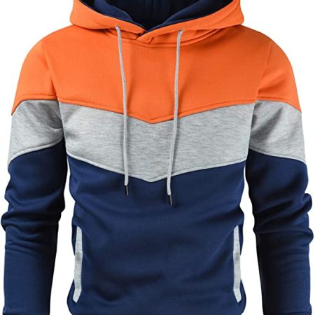 Men's Novelty Color Block Pullover Fleece Hoodie Long Sleeve Casual Sweatshirt with Pocket Orange Blue