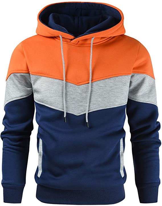 Men's Novelty Color Block Pullover Fleece Hoodie Long Sleeve Casual Sweatshirt with Pocket Orange Blue