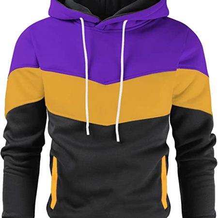 Men's Novelty Color Block Pullover Fleece Hoodie Long Sleeve Casual Sweatshirt with Pocket Purple Yellow Black