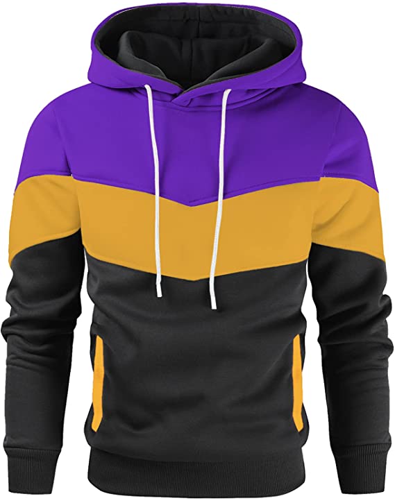 Men's Novelty Color Block Pullover Fleece Hoodie Long Sleeve Casual Sweatshirt with Pocket Purple Yellow Black