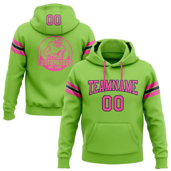 Custom Stitched Neon Green Pink-Navy Football Pullover Sweatshirt Hoodie