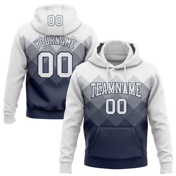 Custom Stitched White Navy 3D Pattern Design Gradient Square Shape Sports Pullover Sweatshirt Hoodie