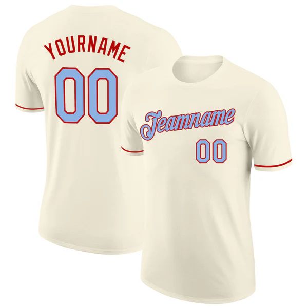 Custom Cream Light Blue-Red Performance T-Shirt