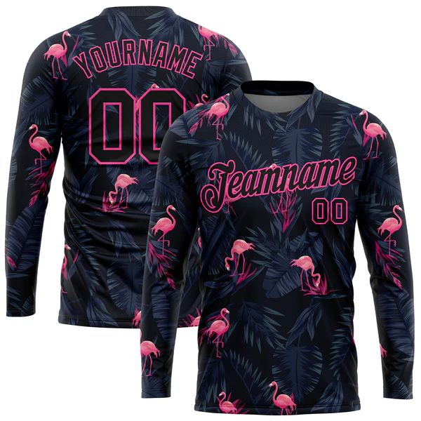 Custom Black Black-Pink Flamingo 3D Pattern Long Sleeve Performance T-Shirt